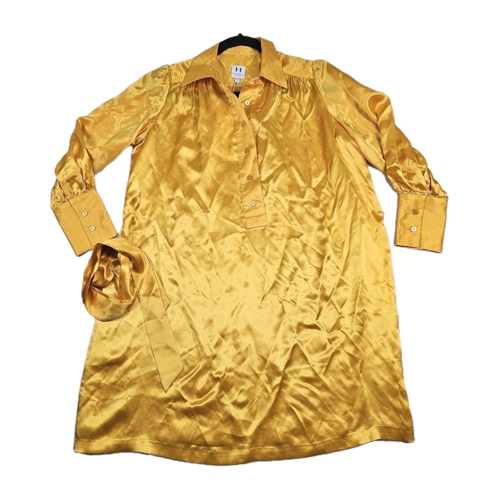 HALSTON Silk Shirt Dress 100% Silk Women 2 Belted Button Satin Lightweight Flowy